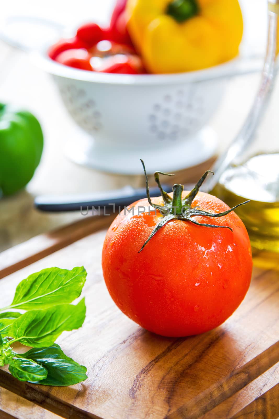Tomato,Basil and colorful Bell pepper as ingredient for cooking