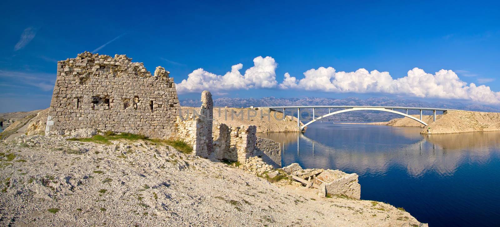 Island of Pag old desert ruins and bridge panorama view, Dalmatia, Croatia