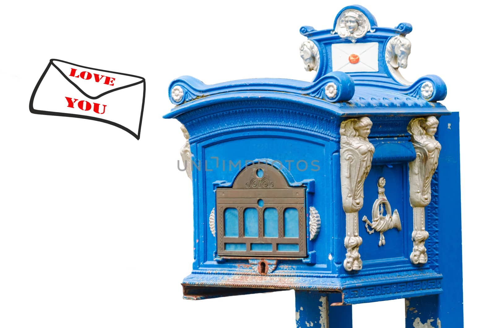 Antique Blue mail box against a white background and an envelope with inscription Love you