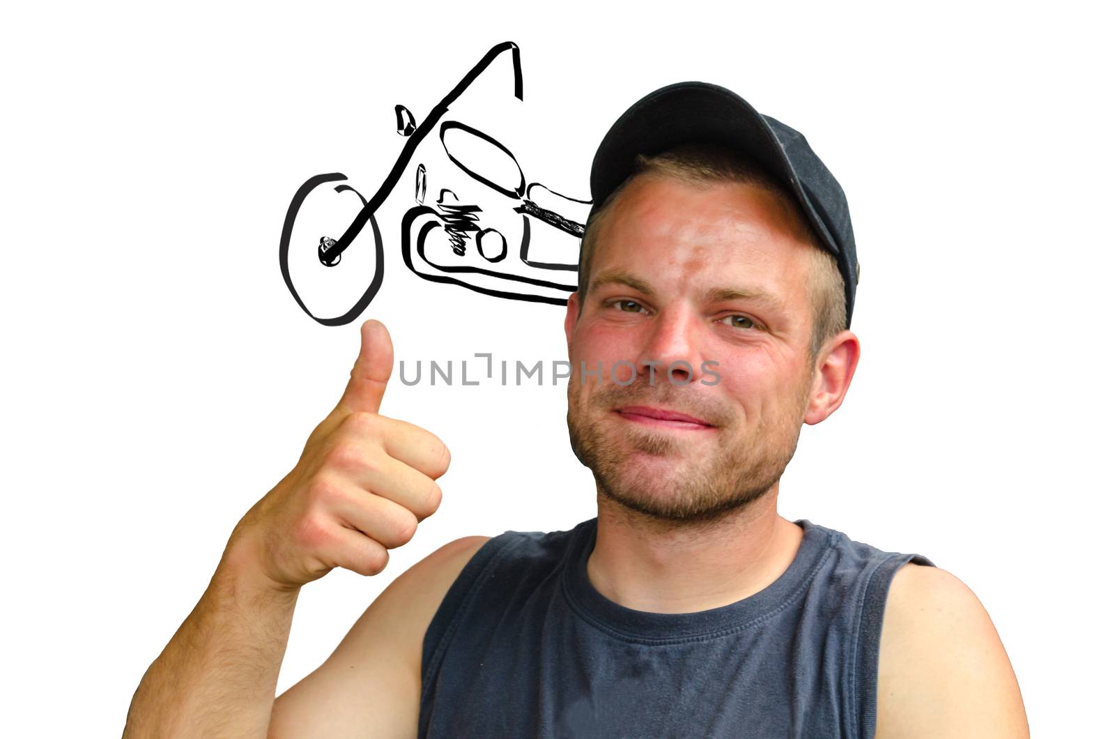 Young man with cap showing thumbs up symbol in Hintergurnd a motorcycle chopper