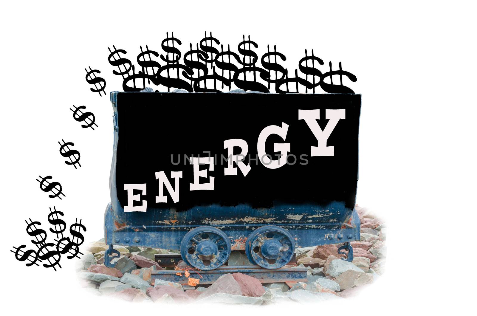 Mine cart rise with label energy symbol energy costs