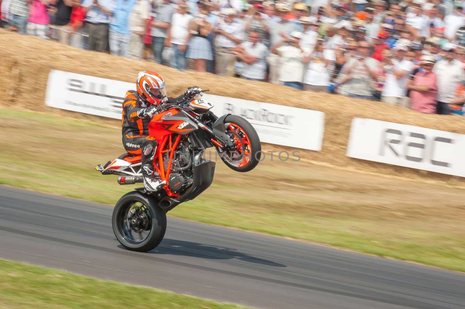 Goodwood, UK - July 13, 2013: Veteran MotoGP rider Jeremy McWilliams on the KTM 1290 Super Duke prototype motorcycle at the Festival of Speed event held at Goodwood, UK