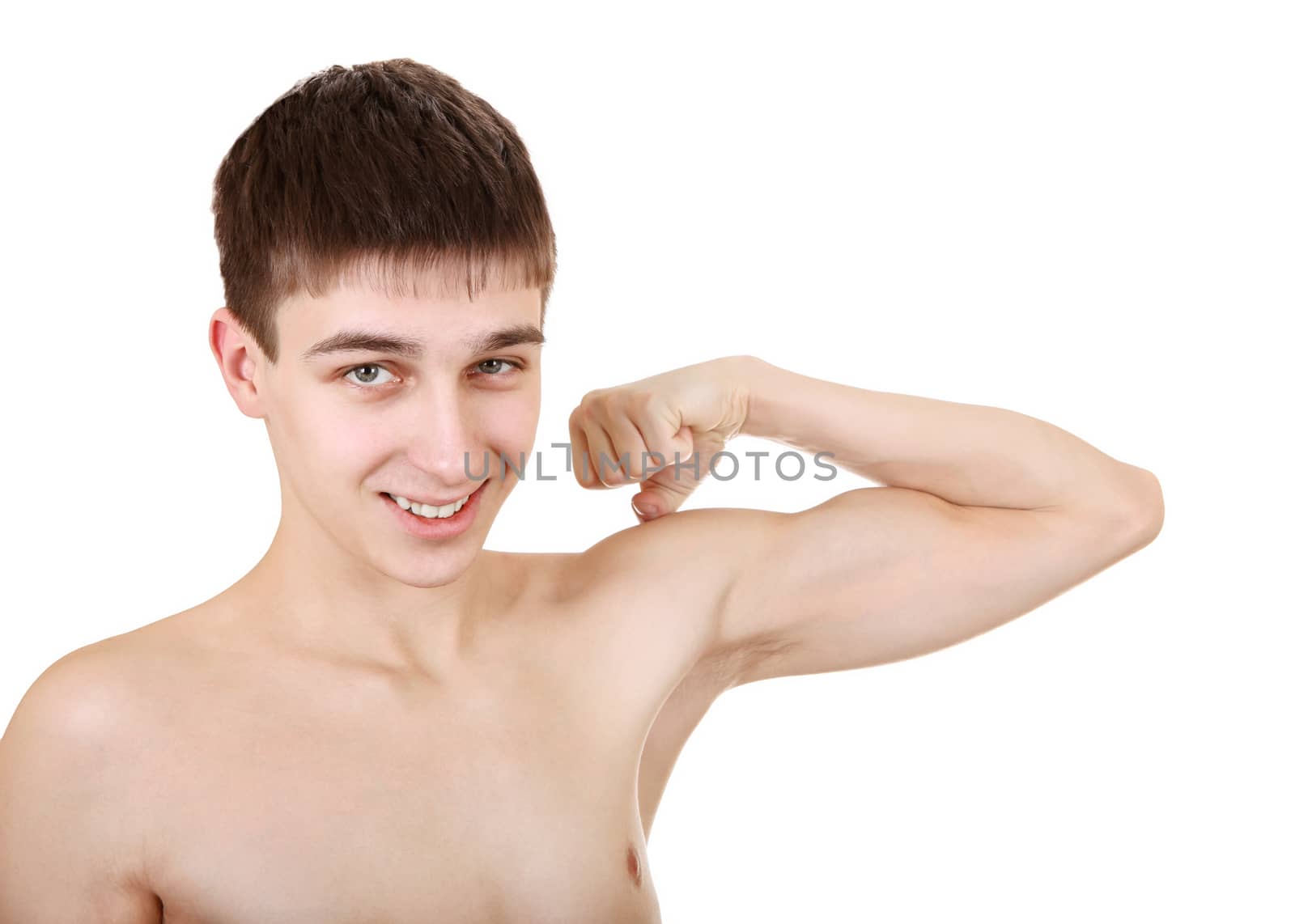 Handsome Teenager Muscle flexing Isolated on the White Background