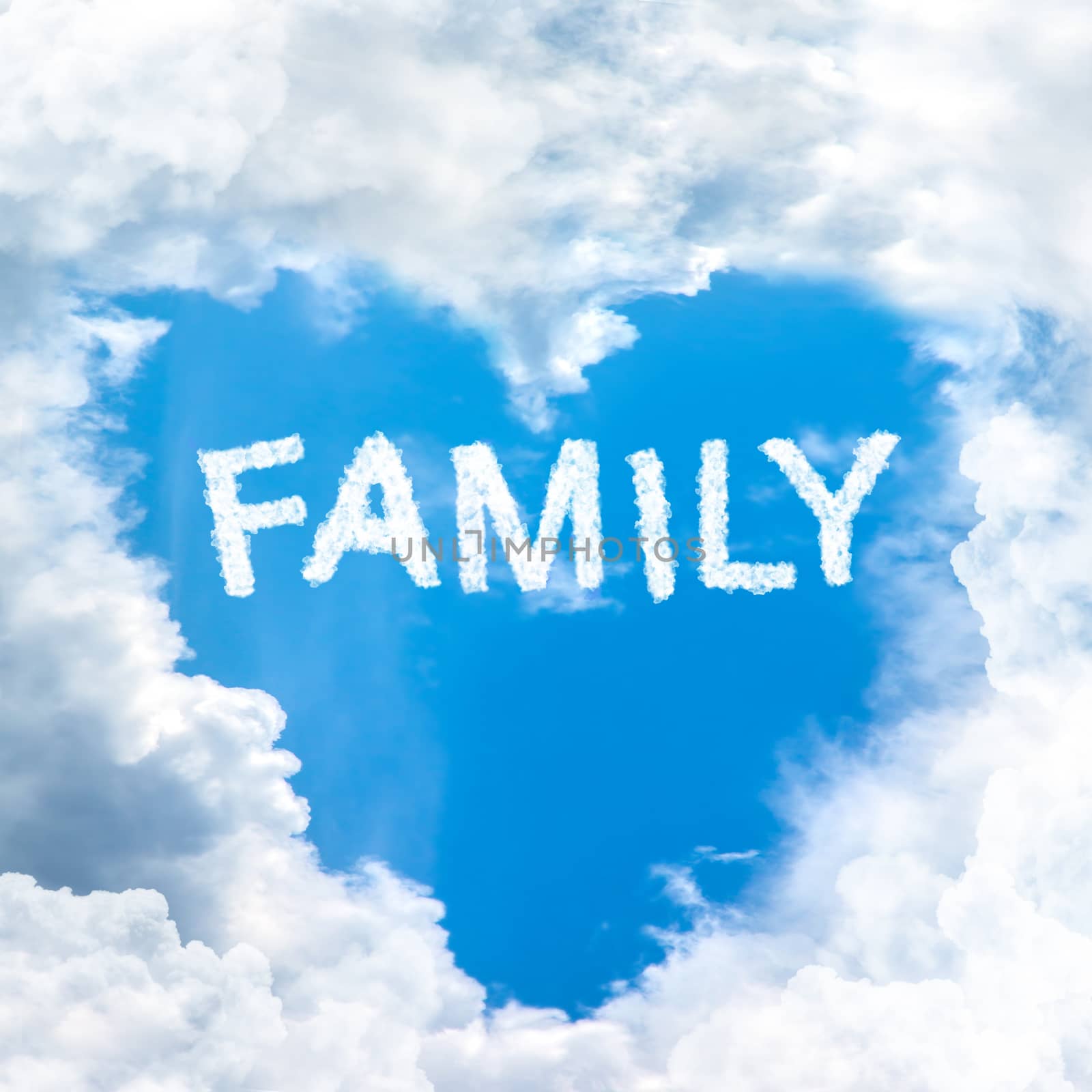 love family inside blue sky shape heart from cloud frame