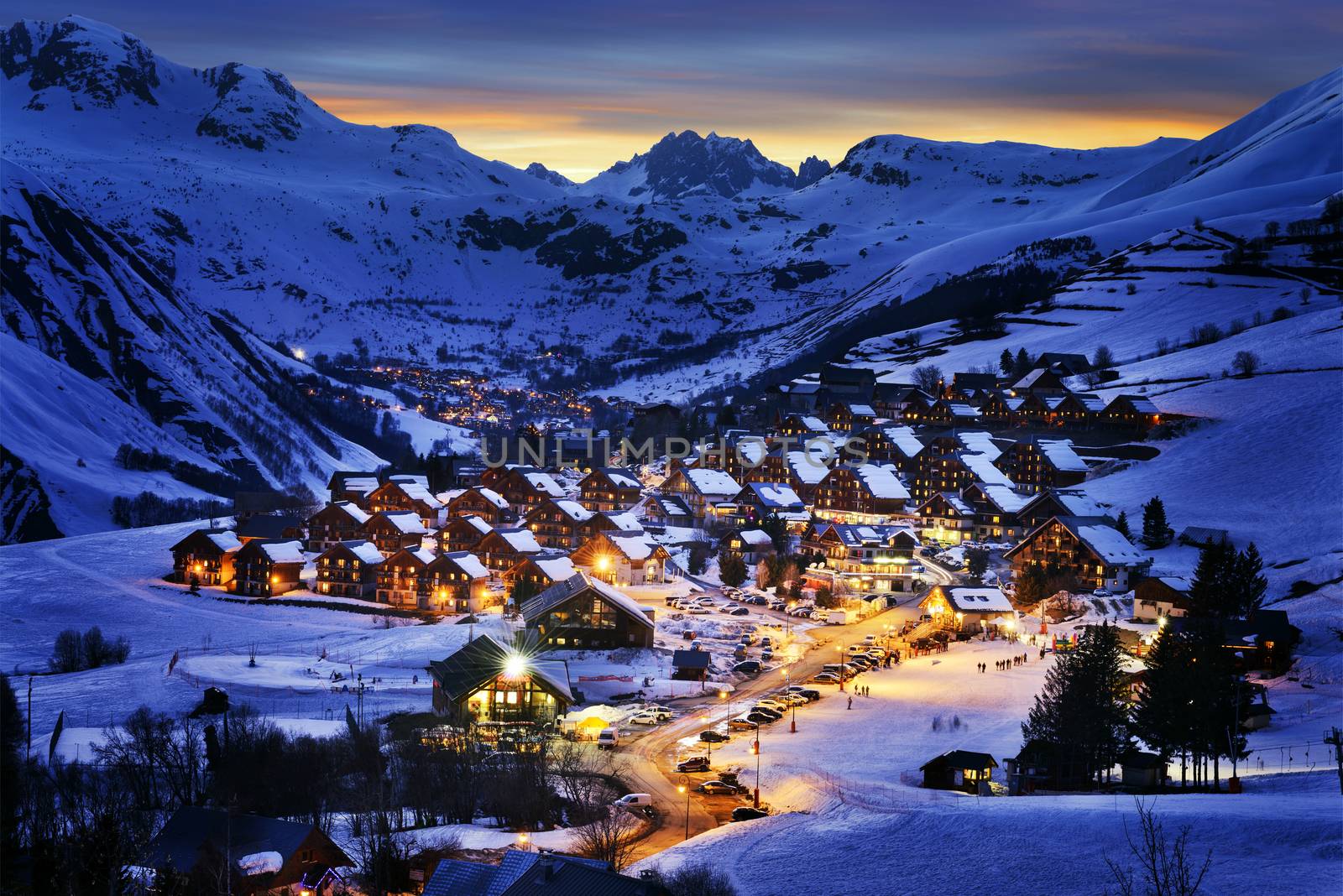 Evening landscape and ski resort in French Alps,Saint jean d'Arves, France 