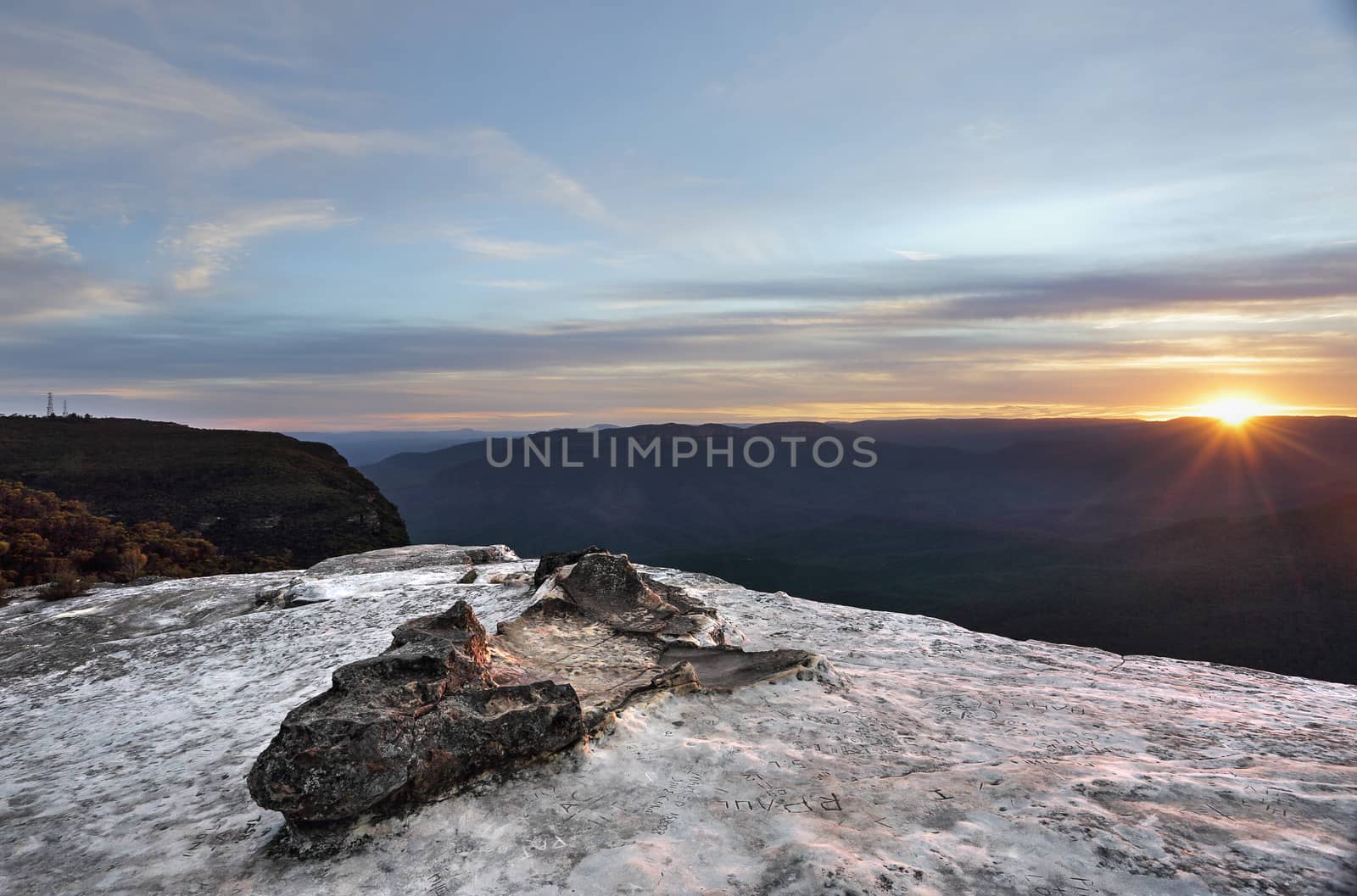 Beautiful sunset from Lincoln's Rock,  on the Kings Tableland, Wentworth Falls in the magnificent Blue Mountains, Australia