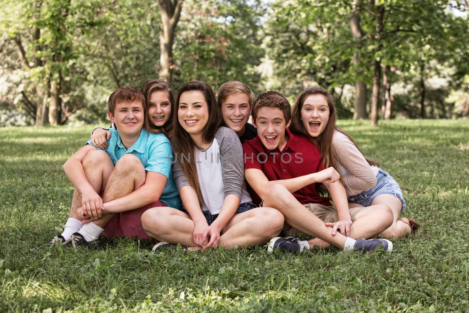 Happy group of young friends sitting on grass
