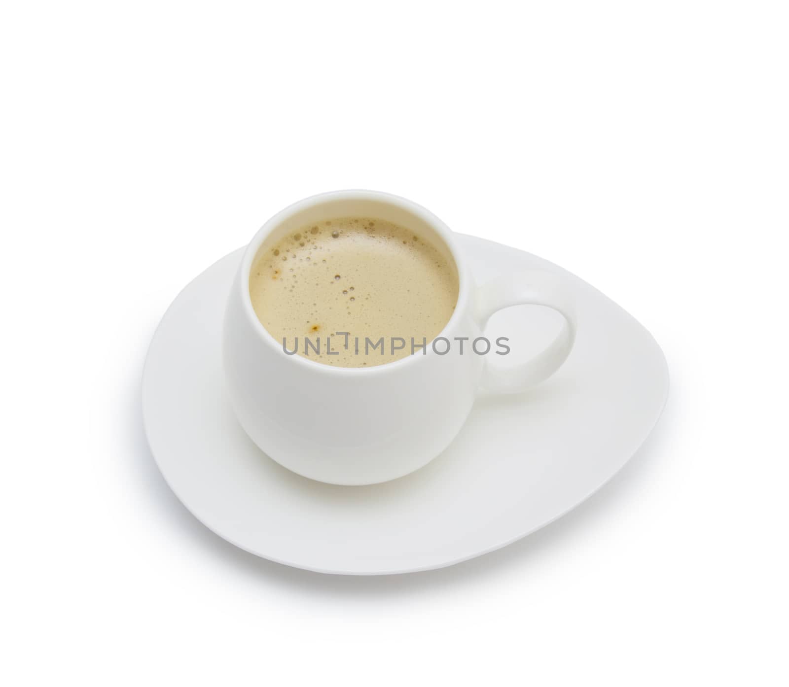 Coffee cup and saucer on a white background.