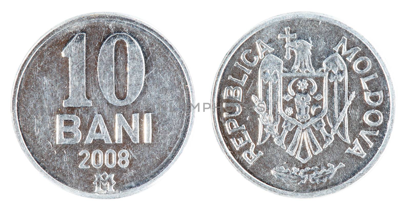 Moldova Coin 10 Bani on the white background (2008 year)
