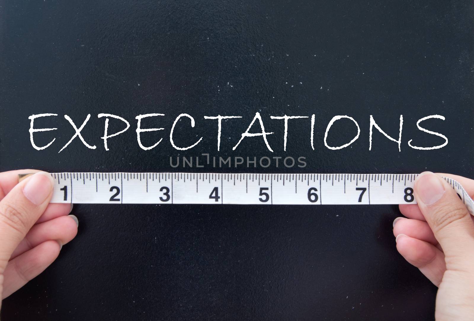 Tape measuring expectations on a chalk board 