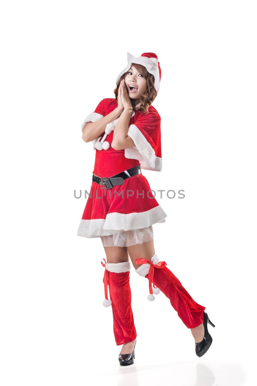Attractive Christmas lady of Asian woman, full length portrait.