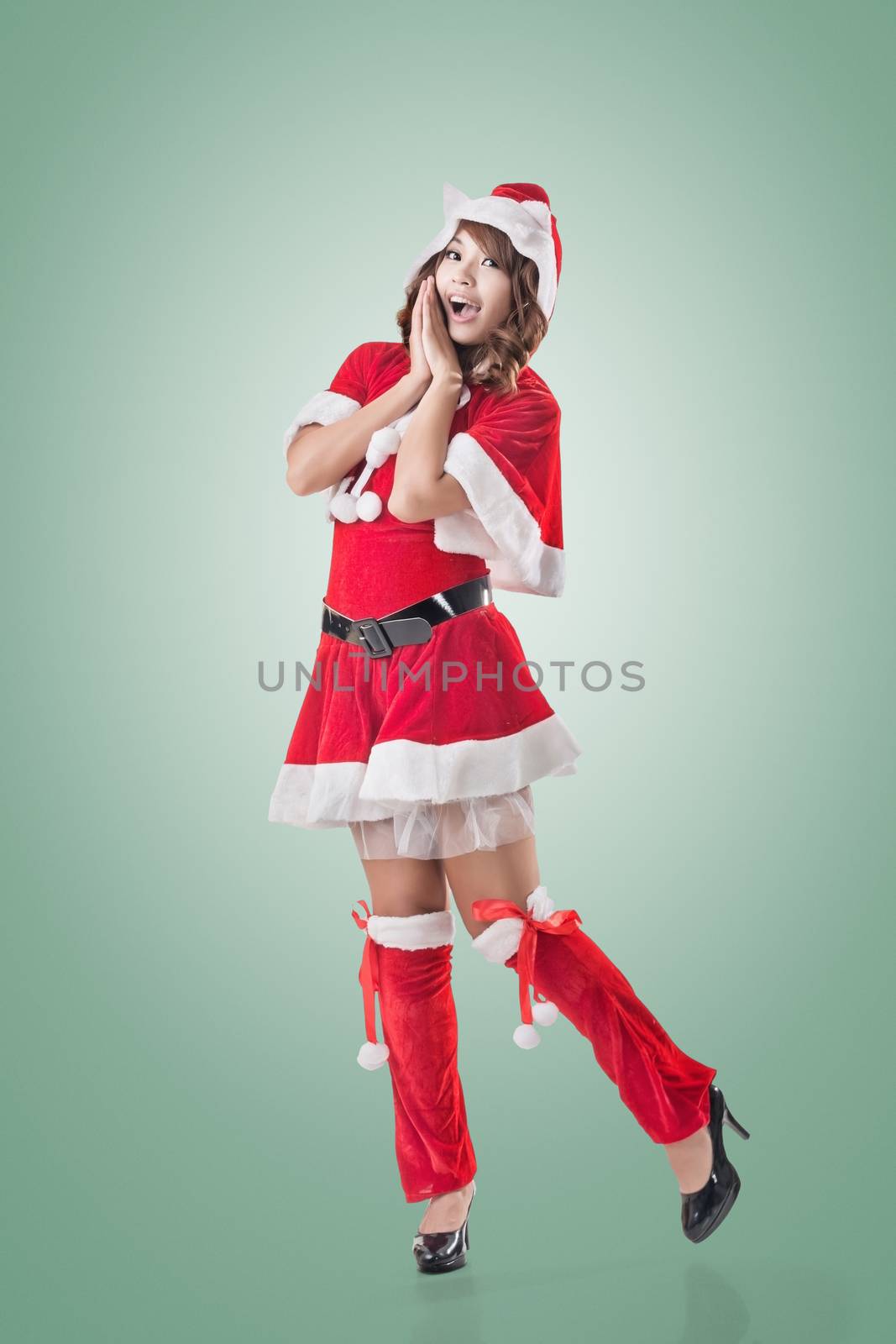 Attractive Christmas lady of Asian woman, full length portrait.