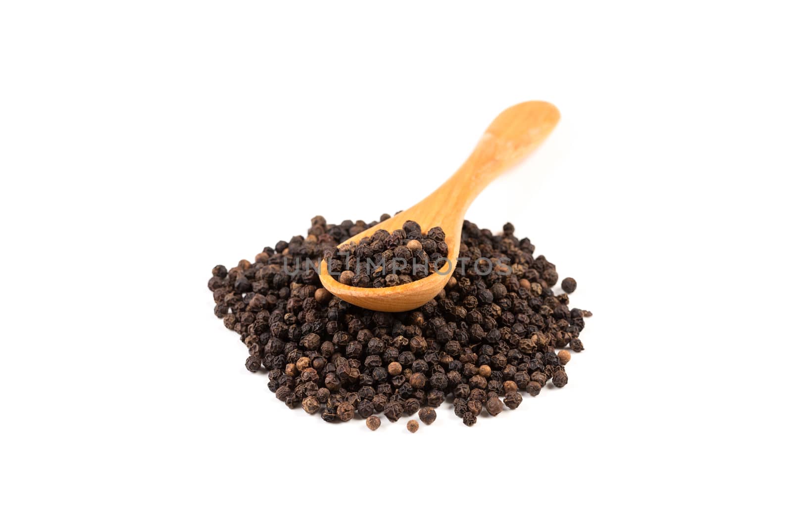 Black pepper with wood spoon isolated on the white background