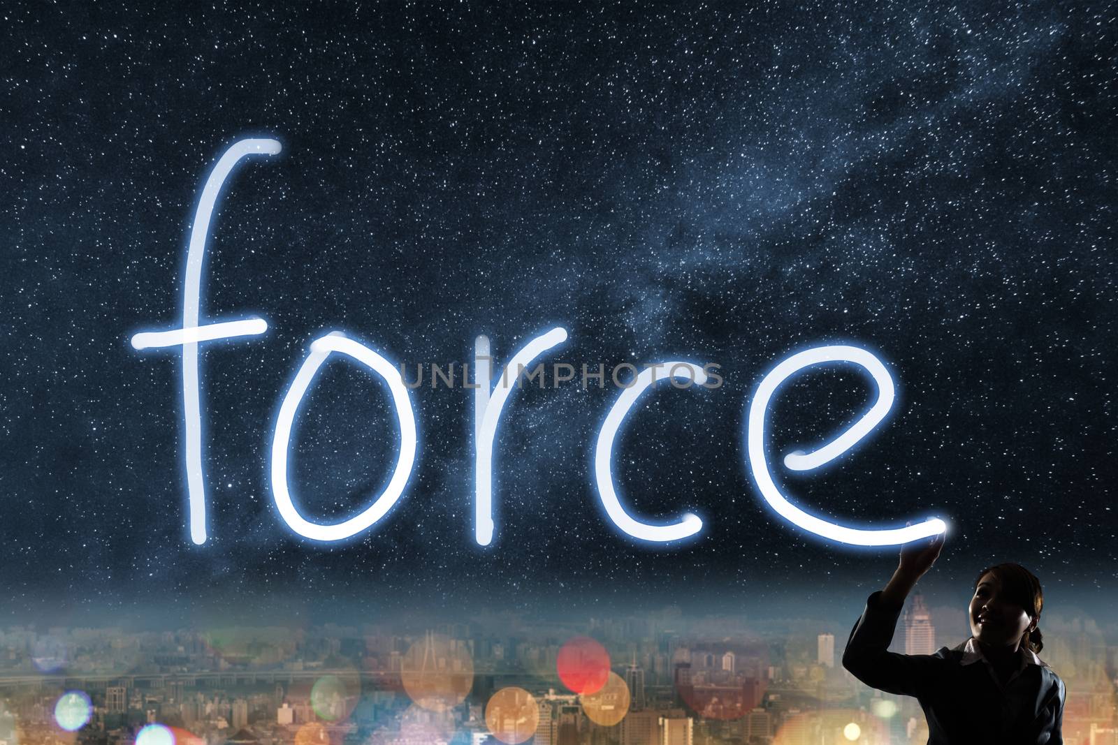 Concept of force, silhouette asian business woman light drawing.