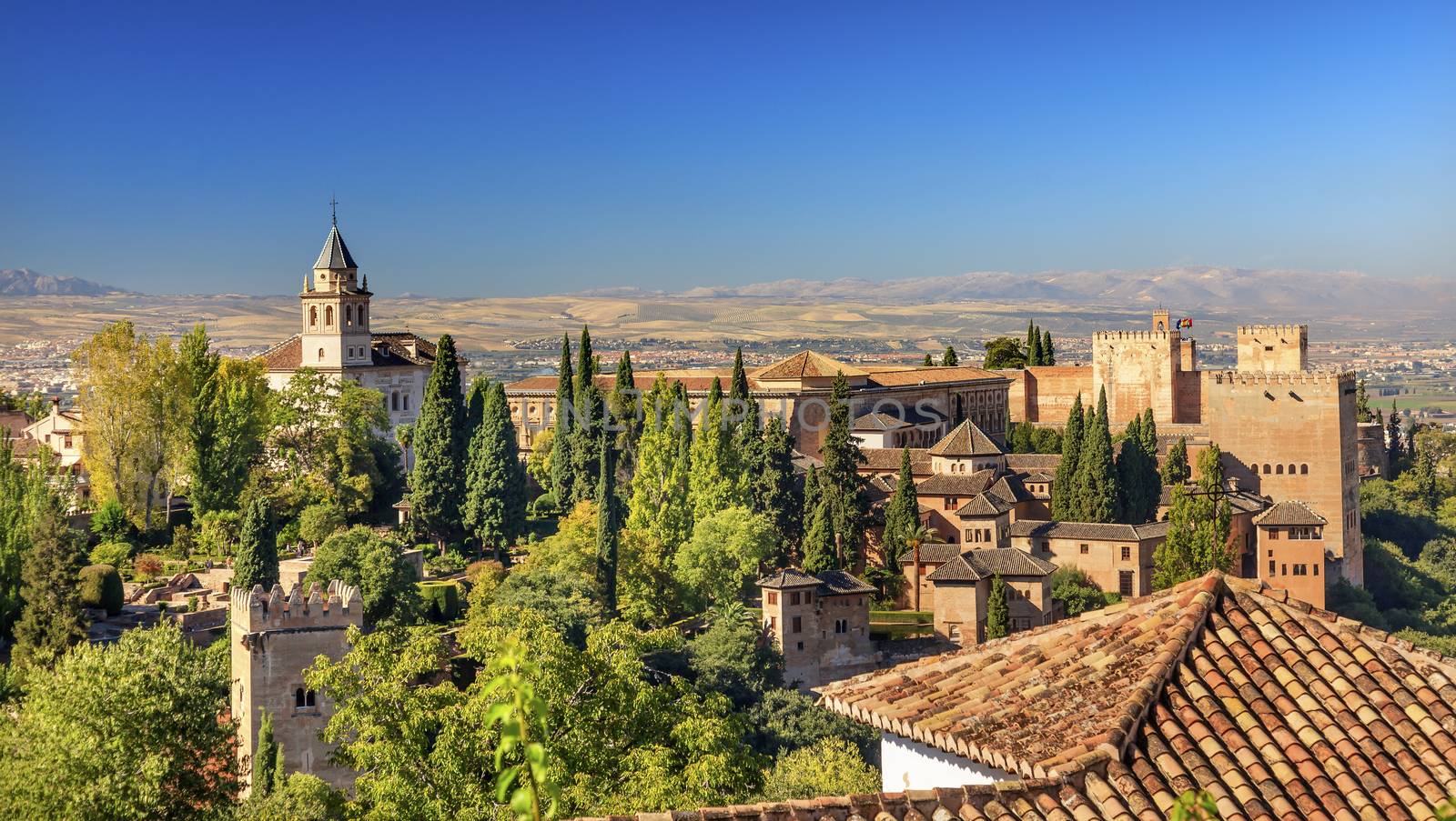 Alhambra Castle Tower Walls Cityscape Churches Granada Andalusia Spain  