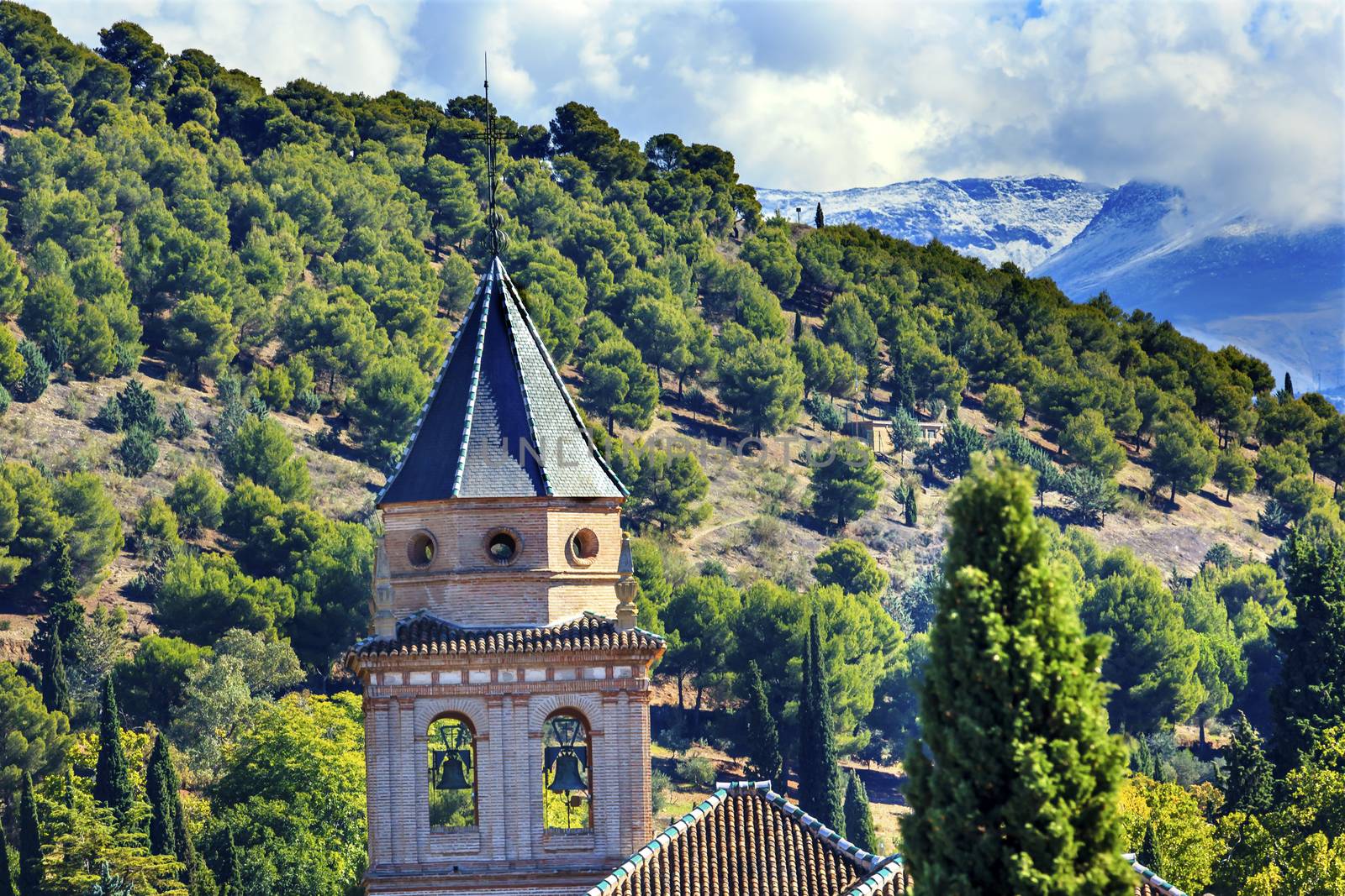 Alhambra Church Castle Towers Farm Mountains Granada Andalusia by bill_perry