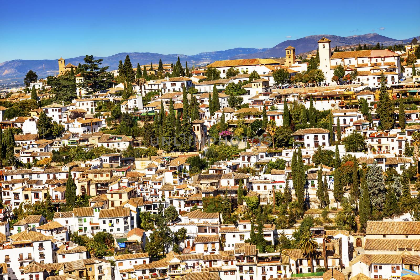 Alhambra White Buildings Cityscape Churches Albaicin Carrera Del Darro Granada Andalusia Spain.  White Buildings becom e a pattern in Granada.