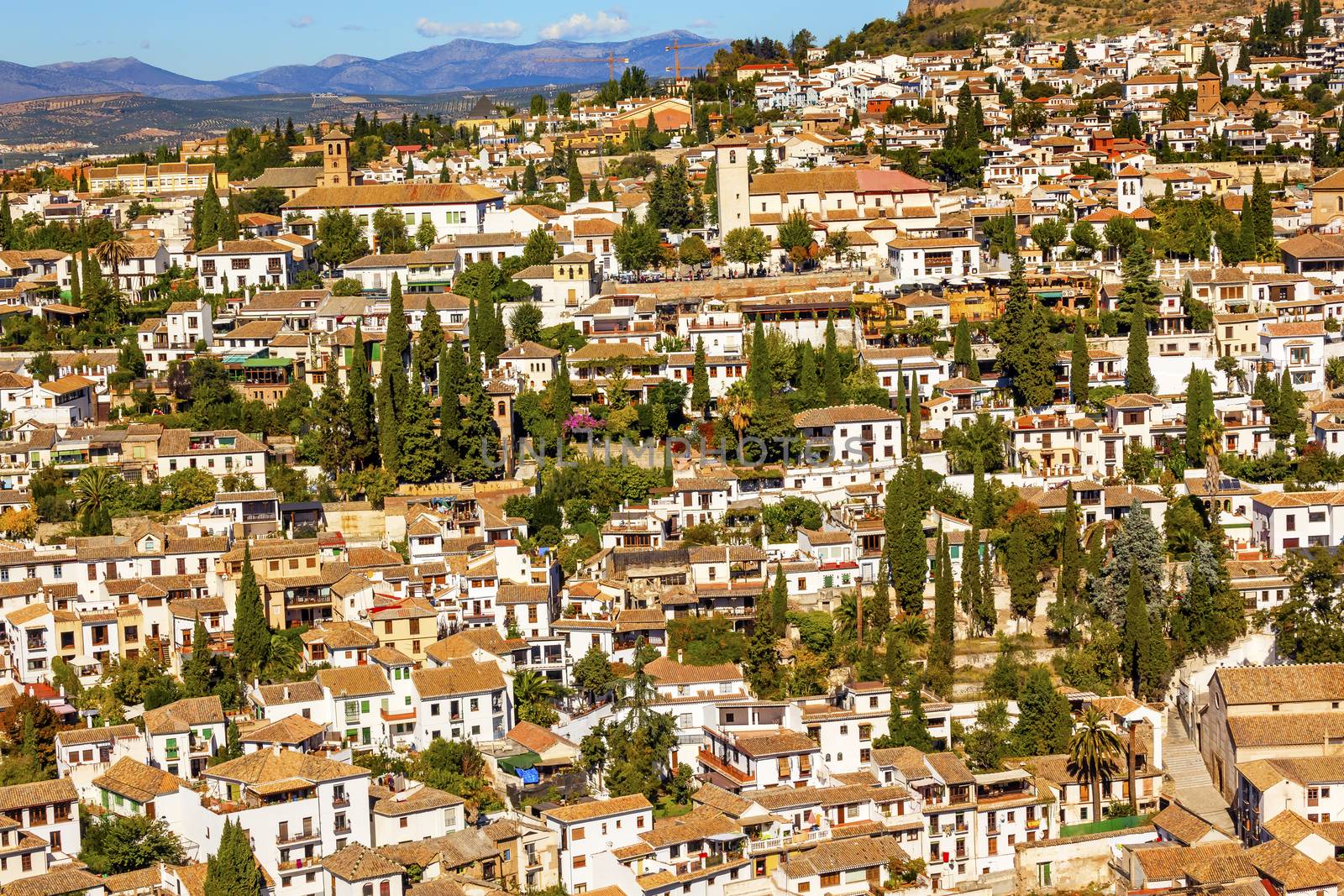 Alhambra White Buildings Cityscape Churches Albaicin Carrera Del Darro Granada Andalusia Spain.  White Buildings becom e a pattern in Granada.