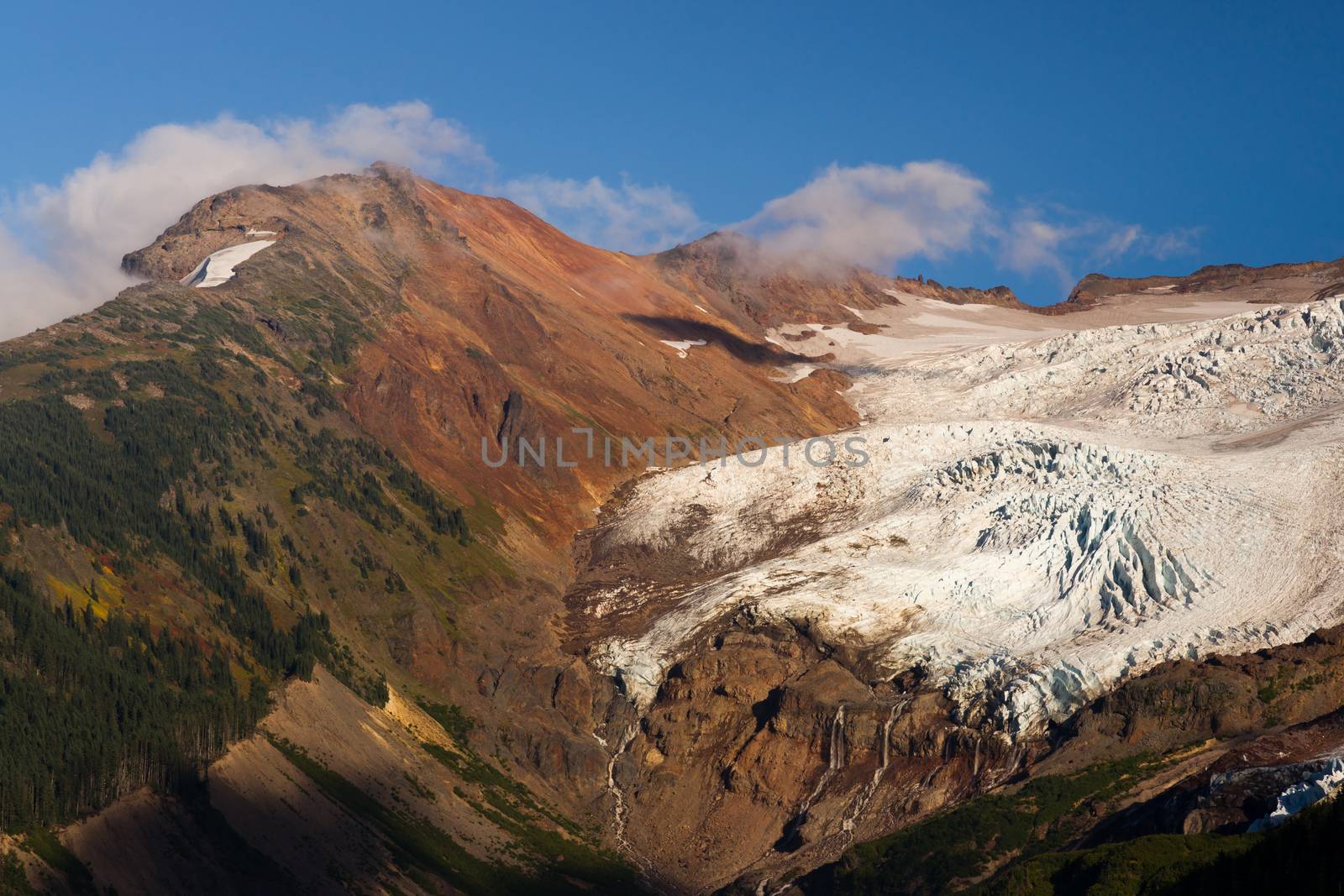 A Glacier on Mt. Baker part of the Cascade Range in the late afternoon just before sunset.