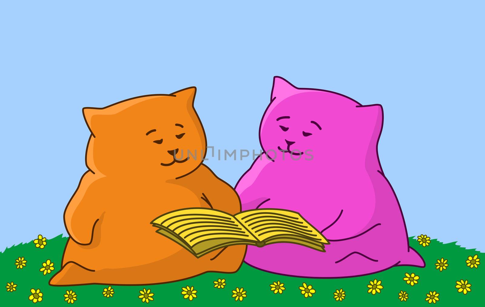 Cartoon toy animals sitting on a green meadow and reading book.