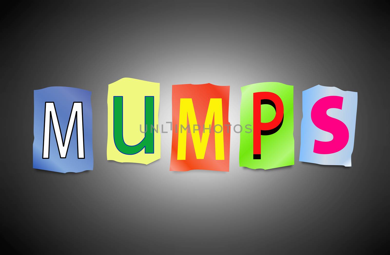 Illustration depicting a set of cut out printed letters arranged to form the word mumps.