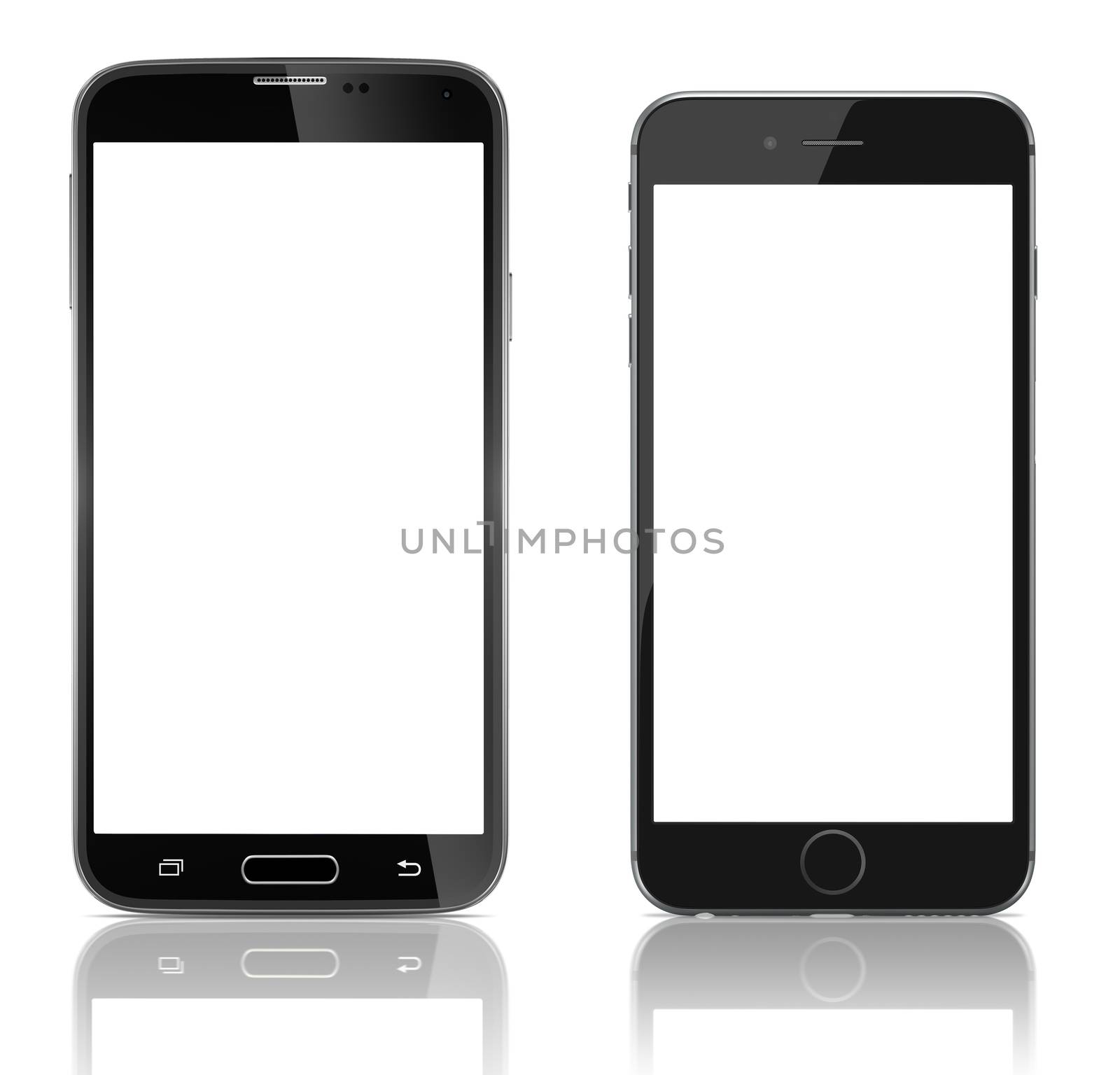 Comparison two new smartphones side by side. New Smartphones with blank screen on white background.