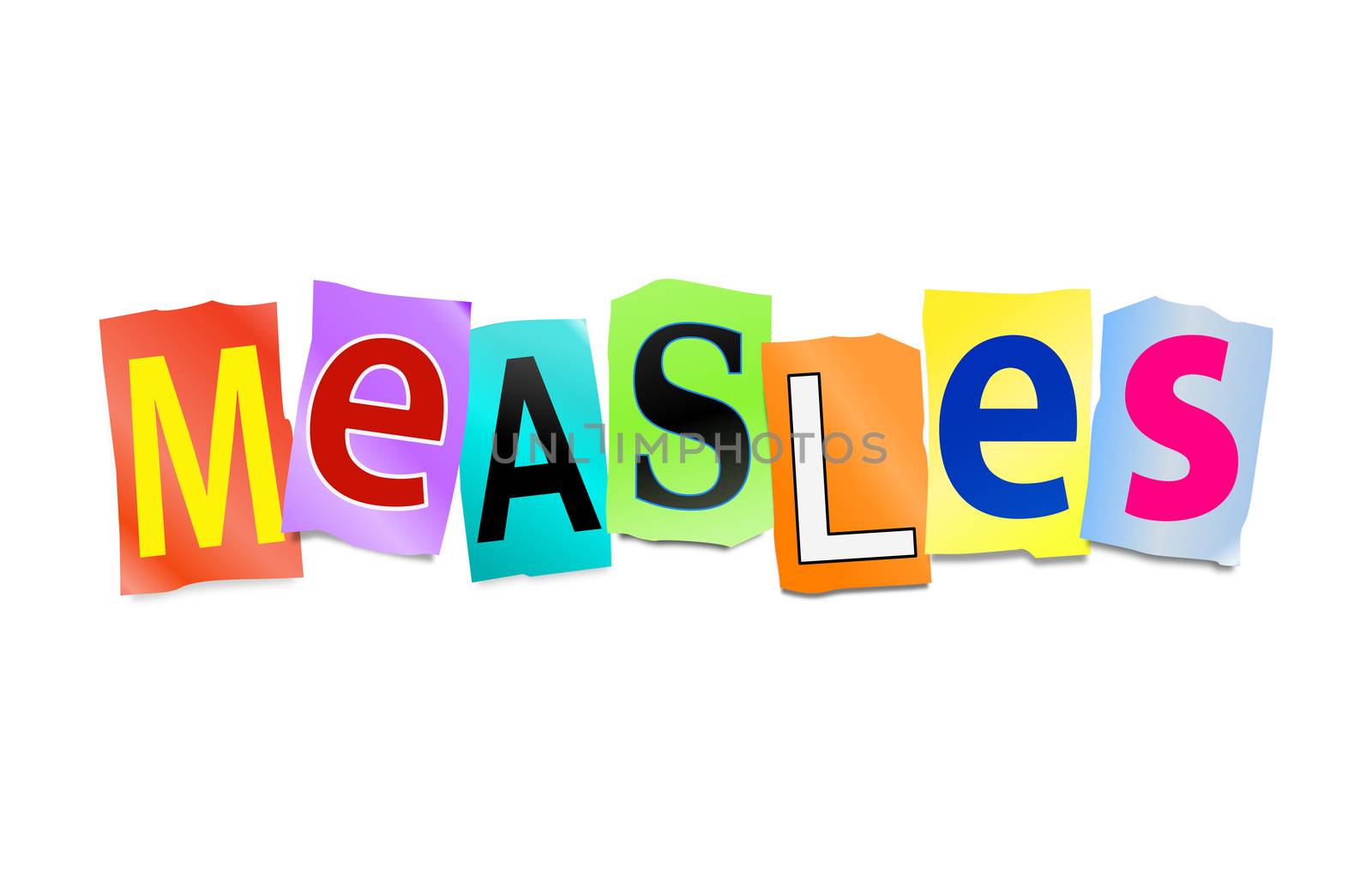 Illustration depicting a set of cut out printed letters arranged to form the word measles.