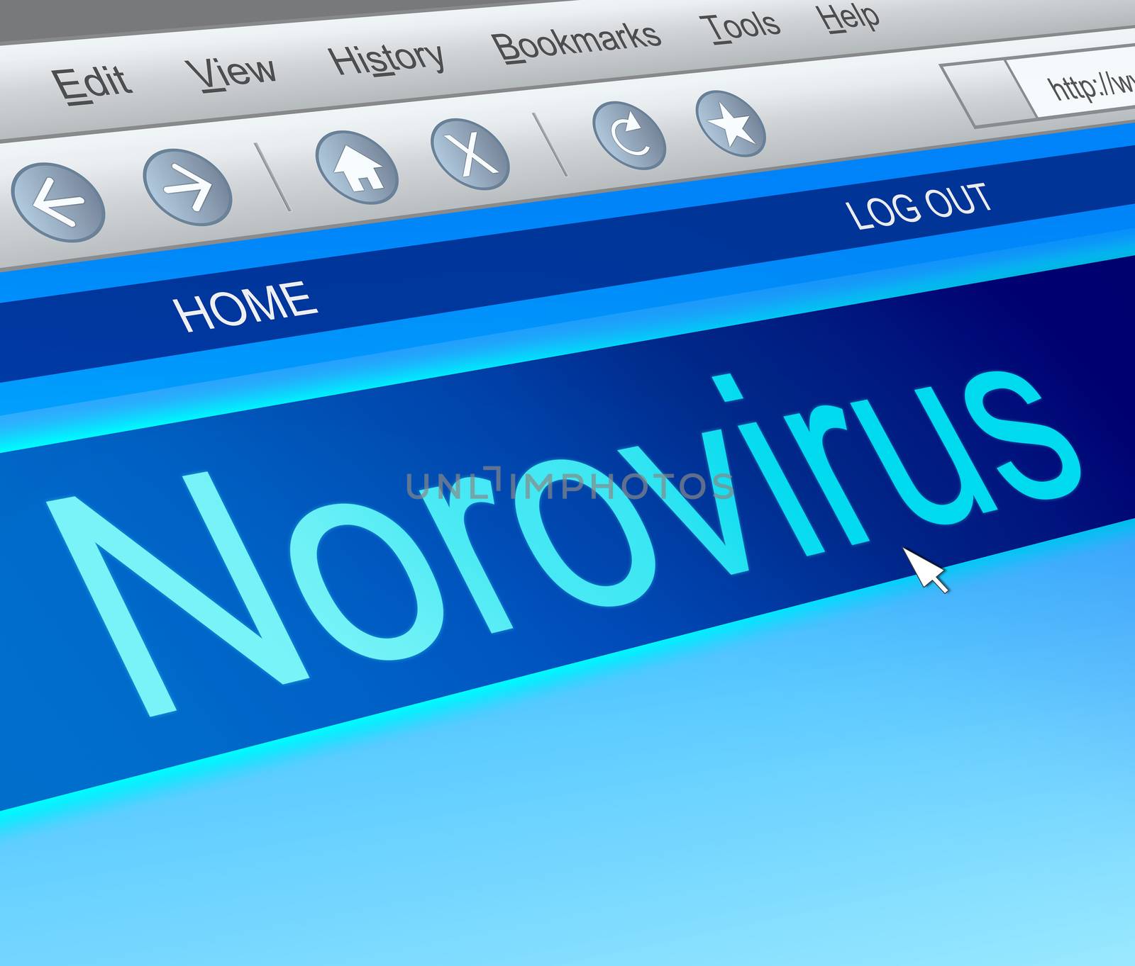 Illustration depicting a computer screen capture with a norovirus concept.