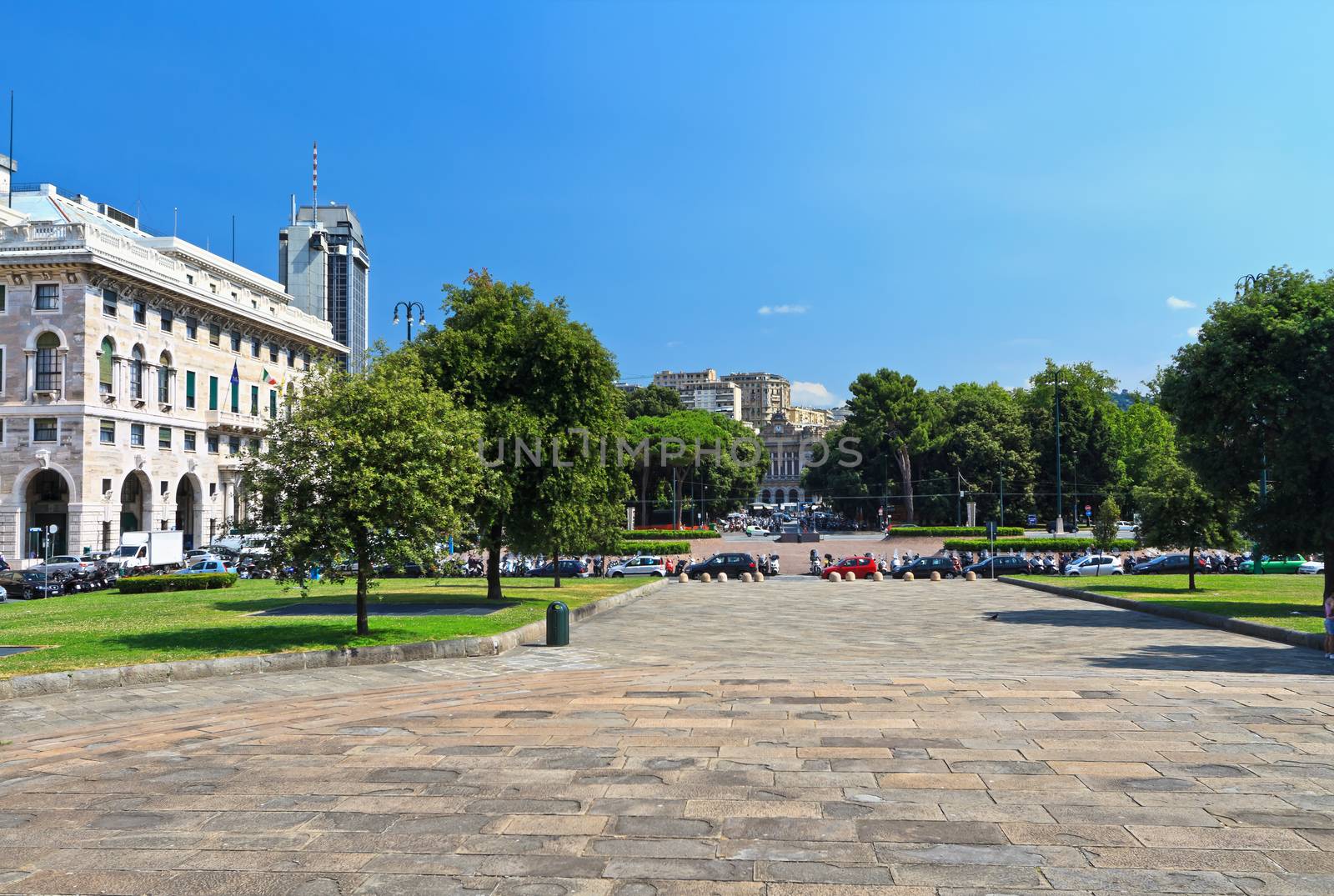 view in Piazza della Vittoria  in Genoa, Liguria, Italy. On background Brignole rail station