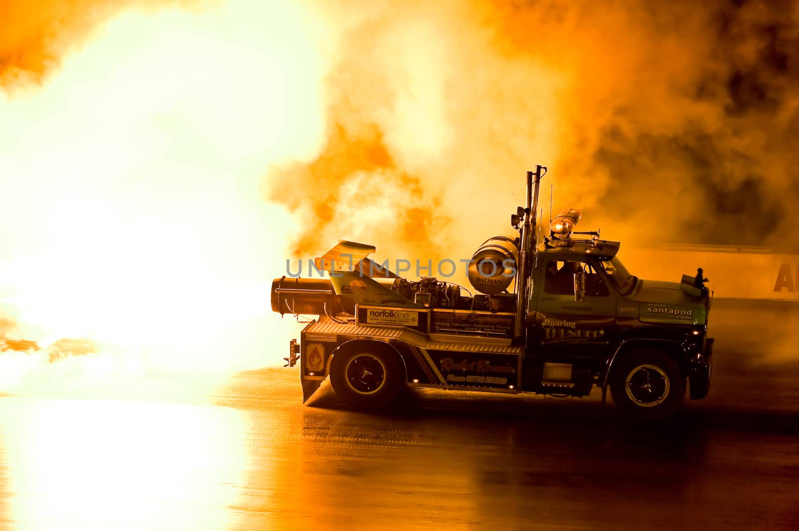 Santa Pod, UK - October 29, 2011: Roaring Thunder jet truck burnout at the Flame and Thunder drag racing event at Santa Pod Raceway, UK