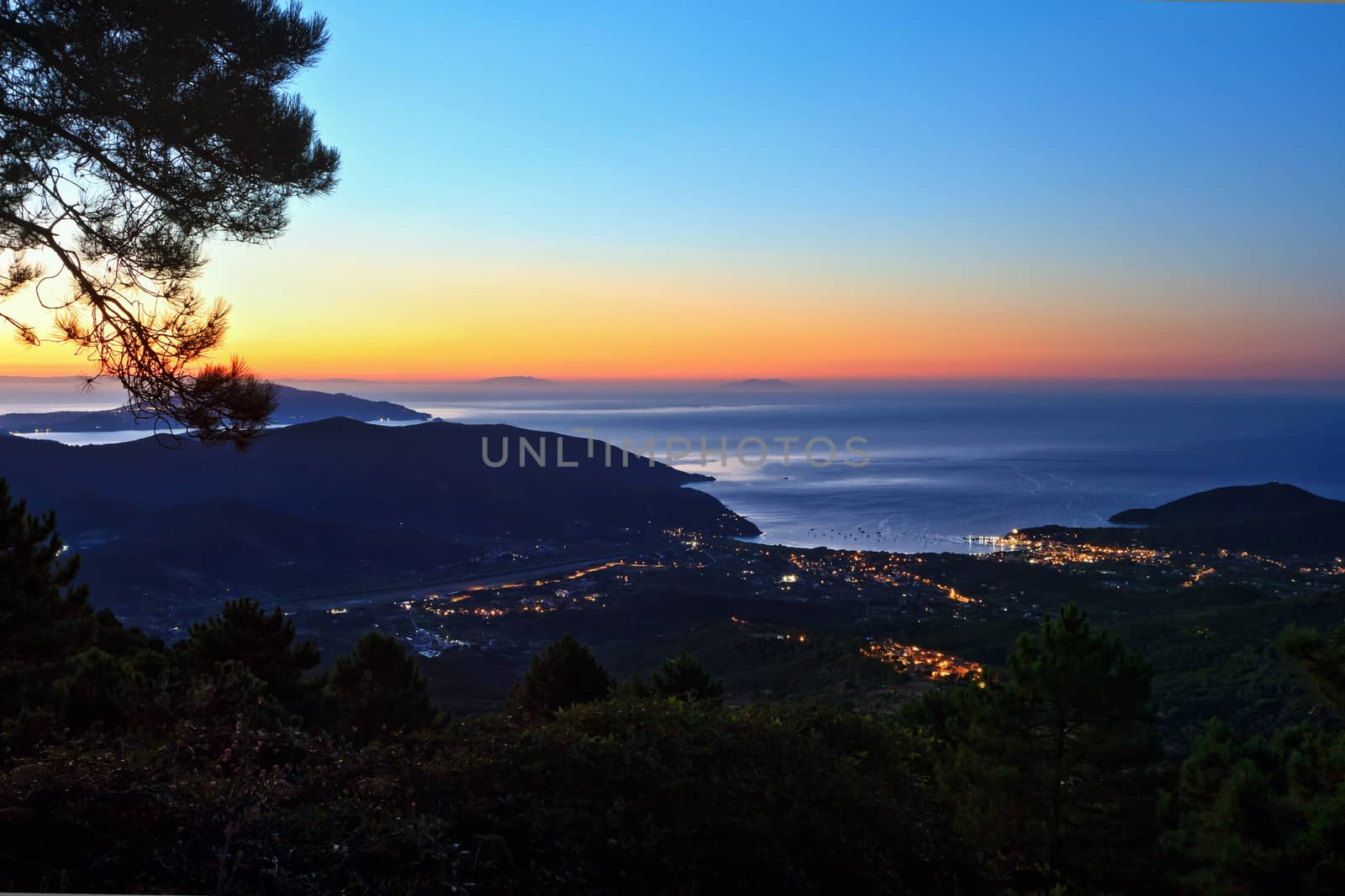 overview of Marciana Marina at sunrise, Elba island, Italy