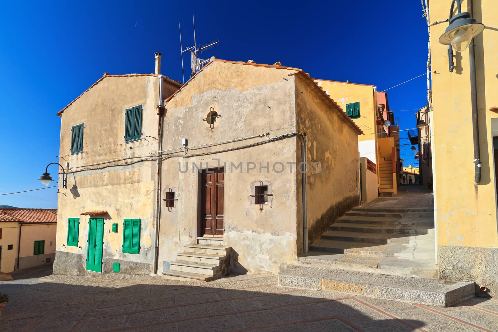 Marconi square in Capoliveri, ancient small town in Elba island, Italy