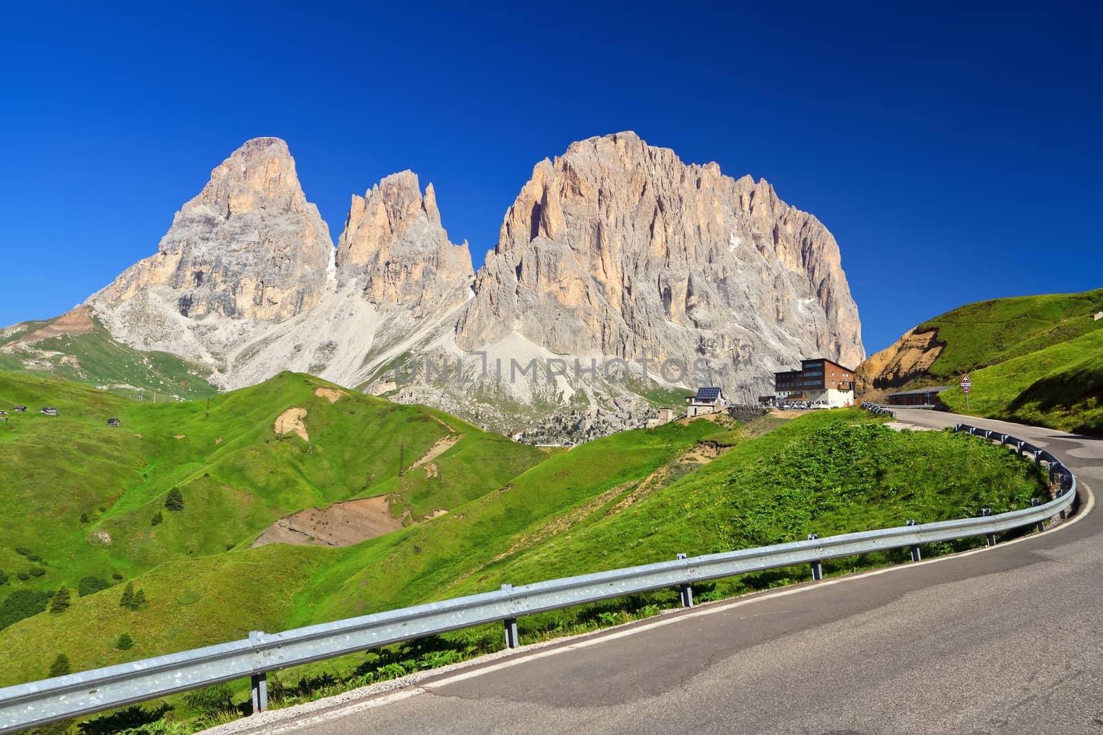 summer view of of Sella pass with Sassolungo mount, Trentino Alto Adige, Italy