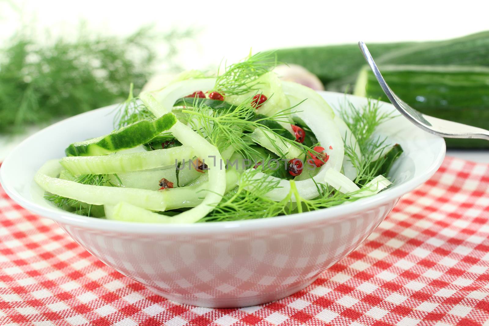 Spaghetti cucumber with red pepper and dill on bright background