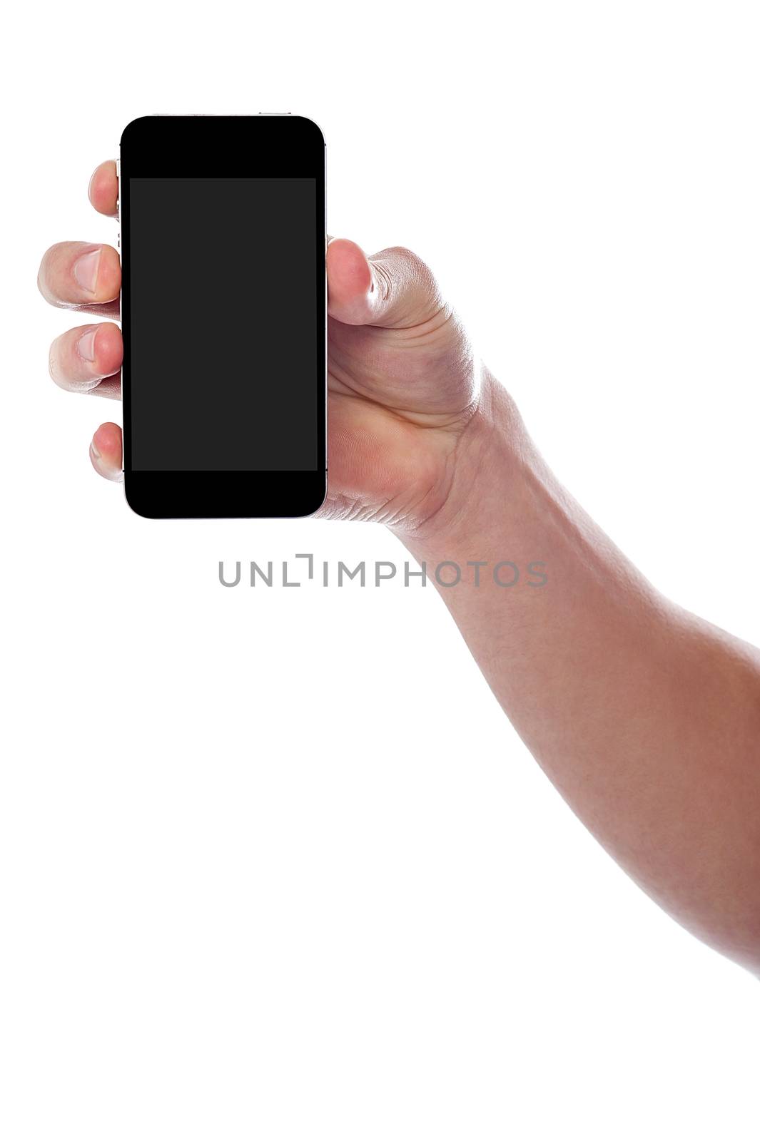 Man hand holding new cellphone by stockyimages