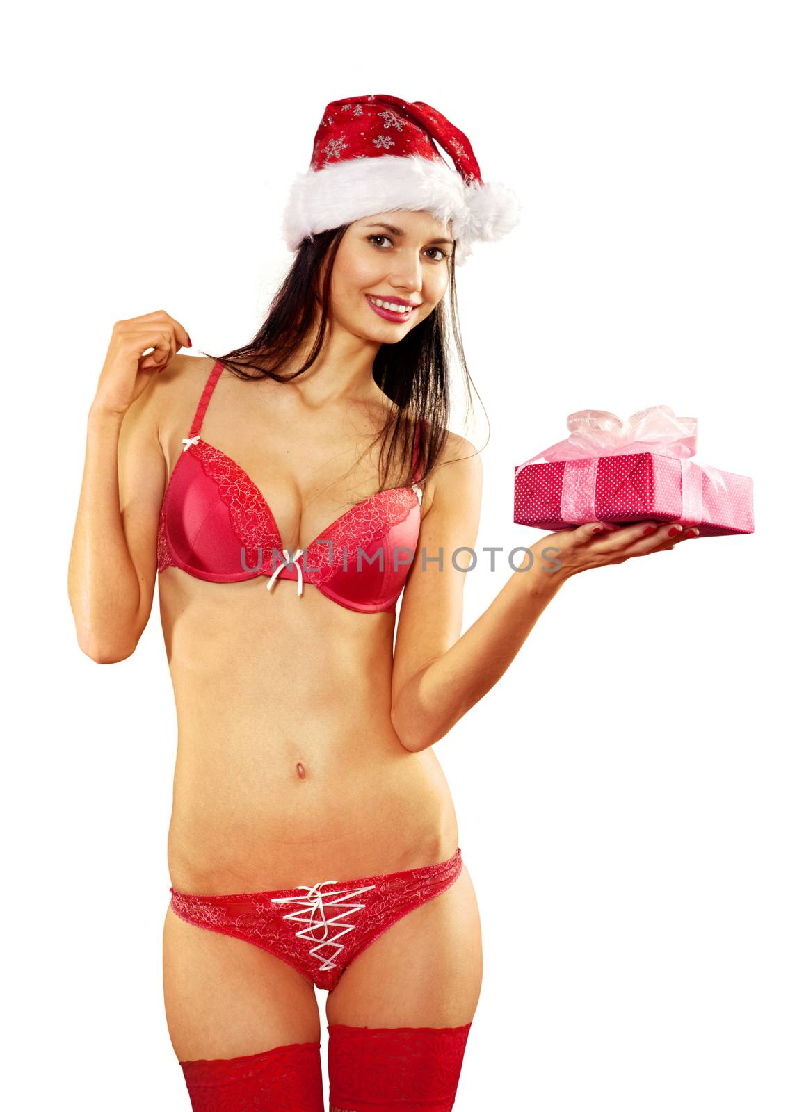 sexy woman with gift on white by ssuaphoto