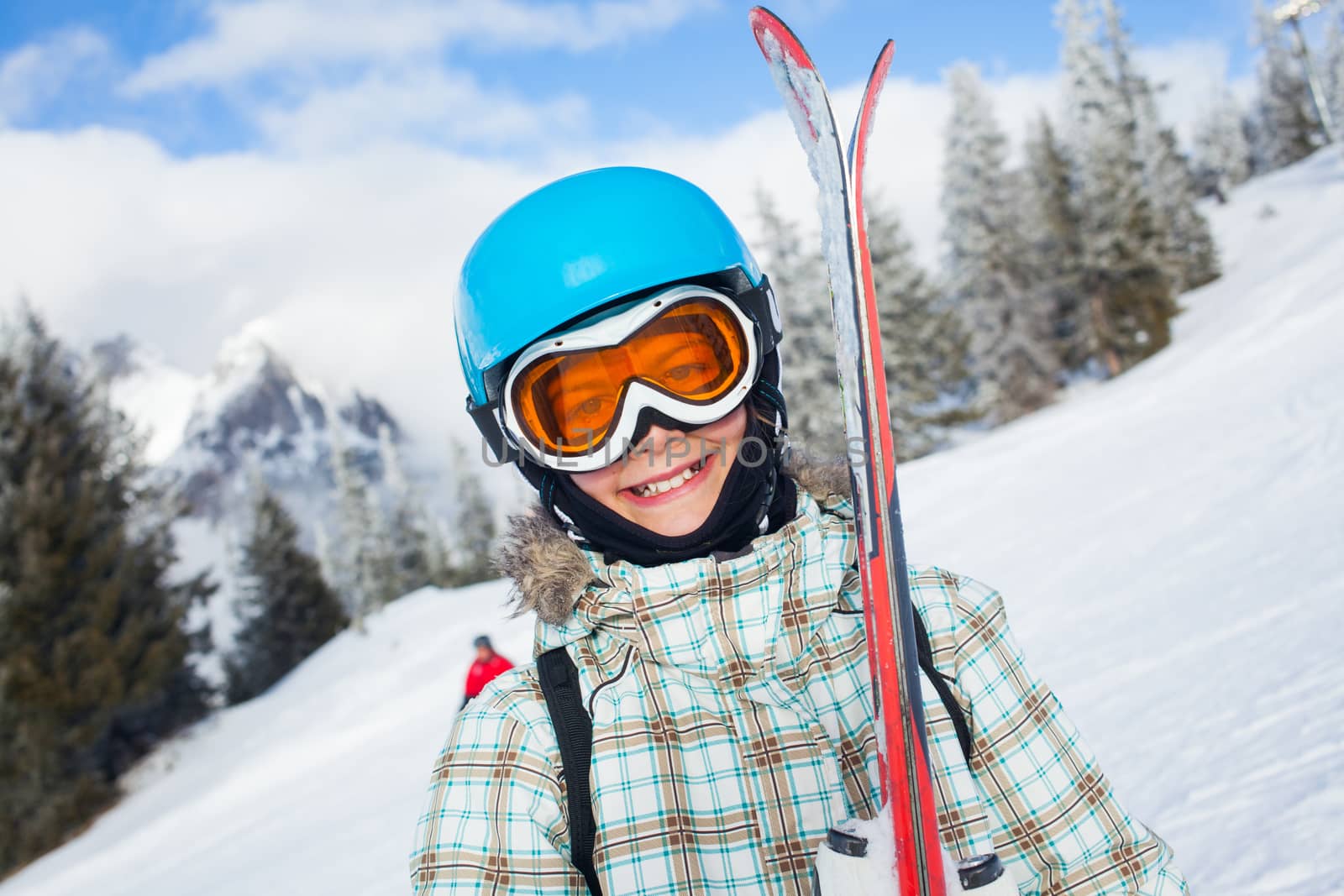Ski, skier, winter - portrait of lovely girl has a fun on ski