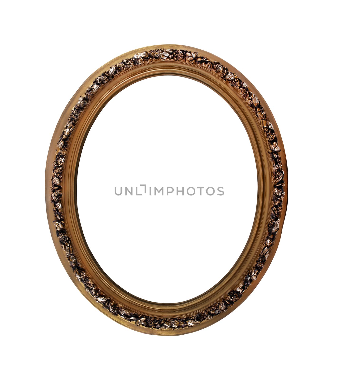 Oval decorative picture frame golden color on a white background