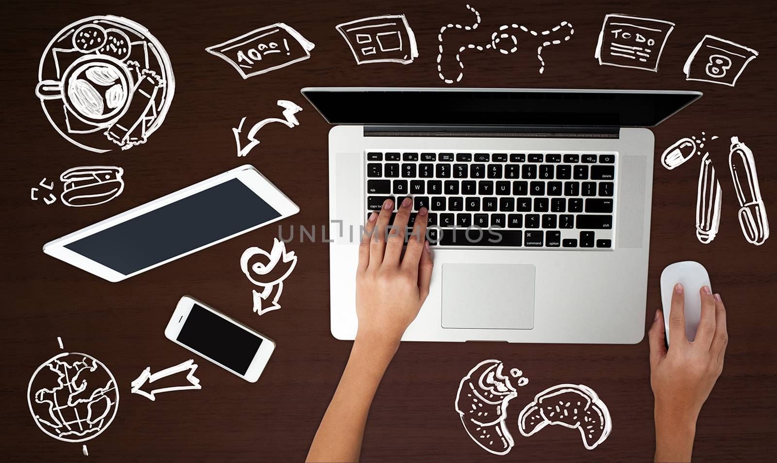 Hand operating laptop, technology background