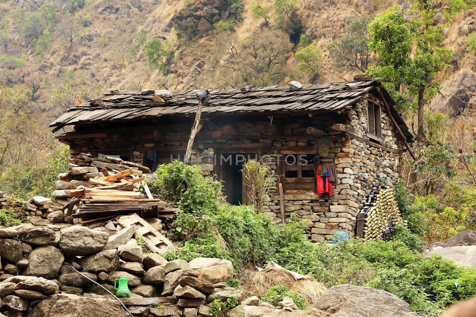 Stone house in the mountains of the Himalayas. Everest region, H by aptyp_kok
