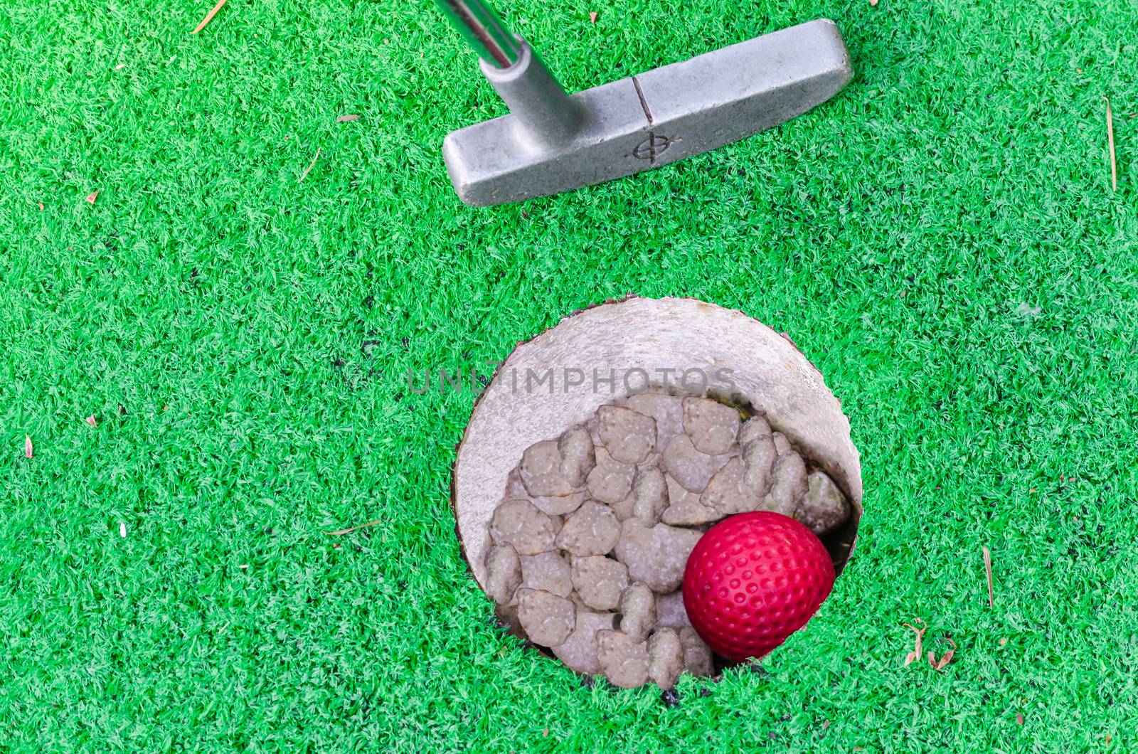 Close-up of a Miniature Golf hole with red bat and ball.