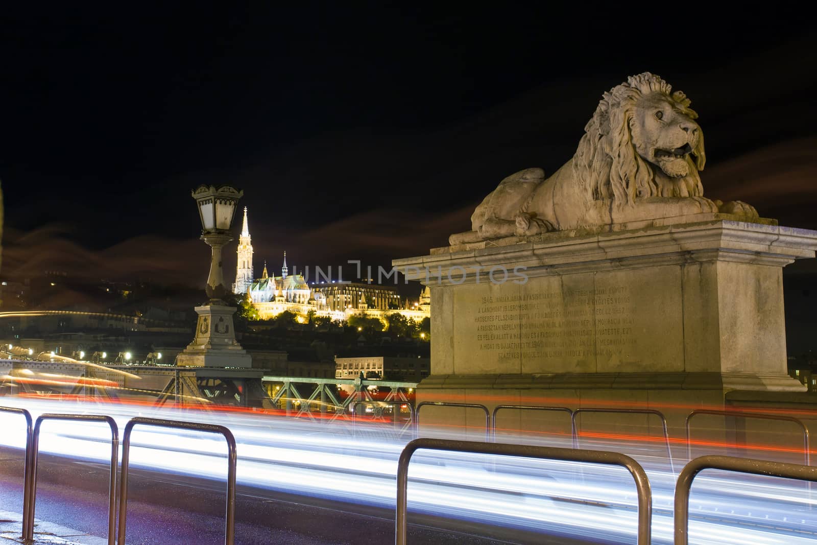 Lion sculpture detail part fo the Chain Bridge over Danube river, Budapest cityscape, Hungary