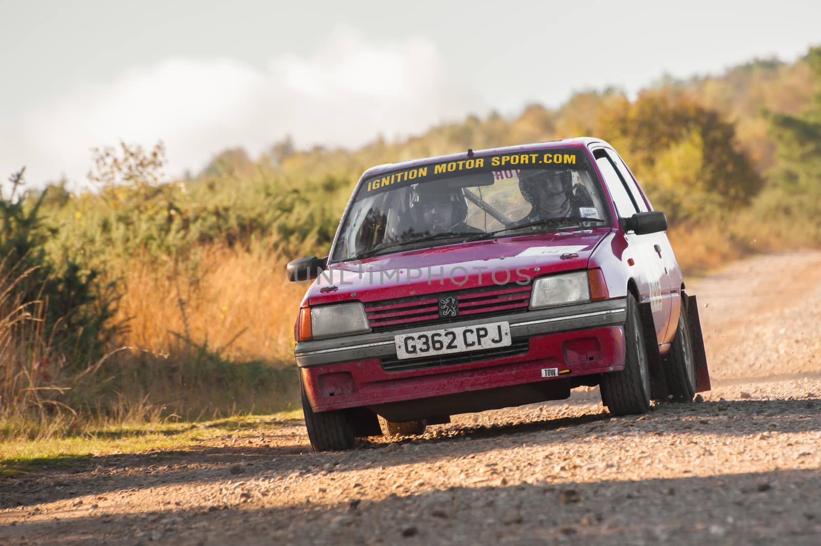 Aldershot, UK - November 3, 2012: Peugeot 205 at speed on the Pavillion stage of the MSA Tempest Rally on common land near Aldershot, UK