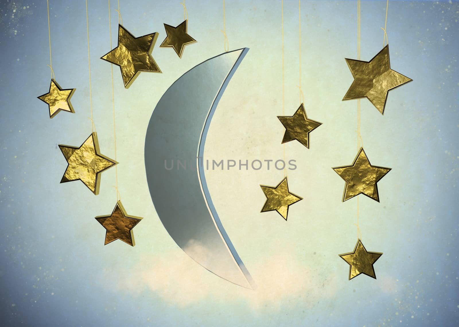 3D rendering illustration with moon and golden stars