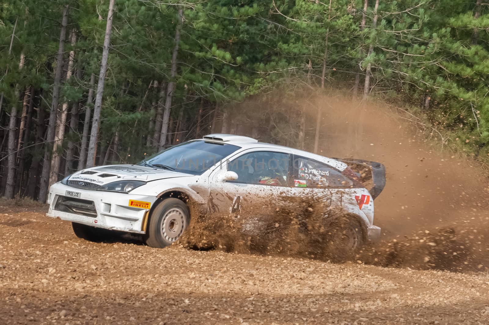 Bramshill Forest, UK - November 3, 2012: Jason Pritchard driving a WRC spec Ford Focus on the Warren stage of the MSA Tempest Rally in Bramshill Forest, UK