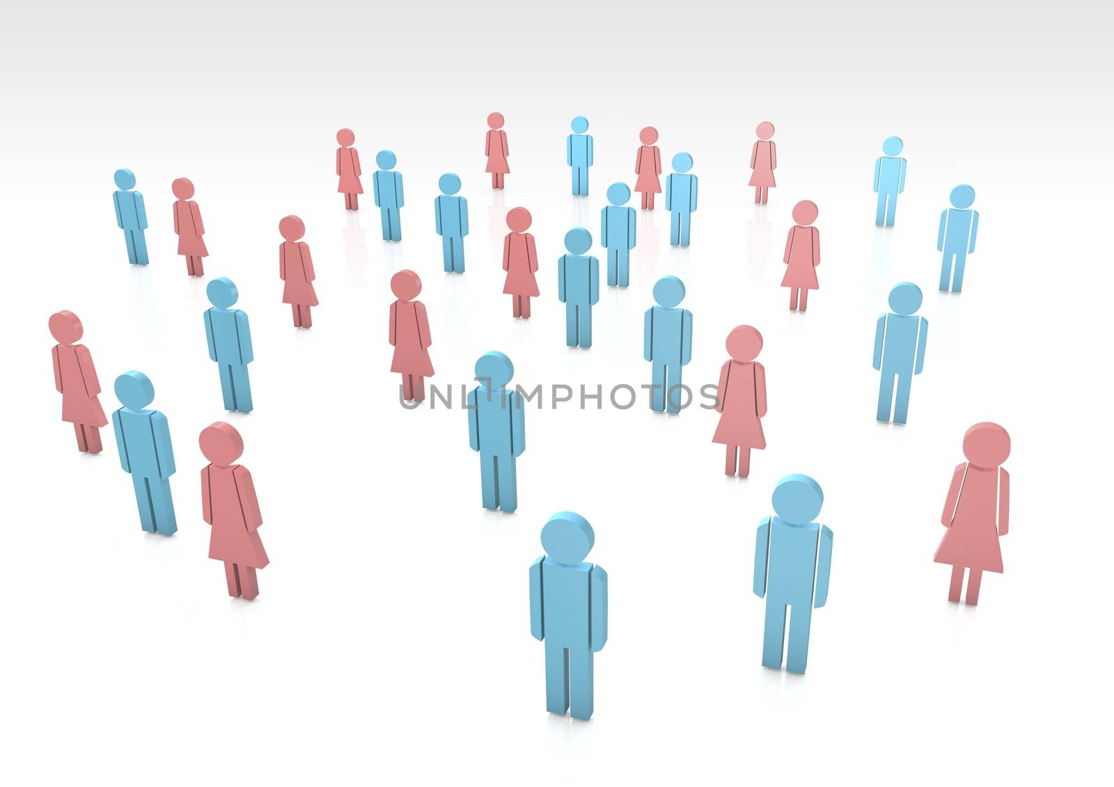 3D rendering of a group of distant man and women