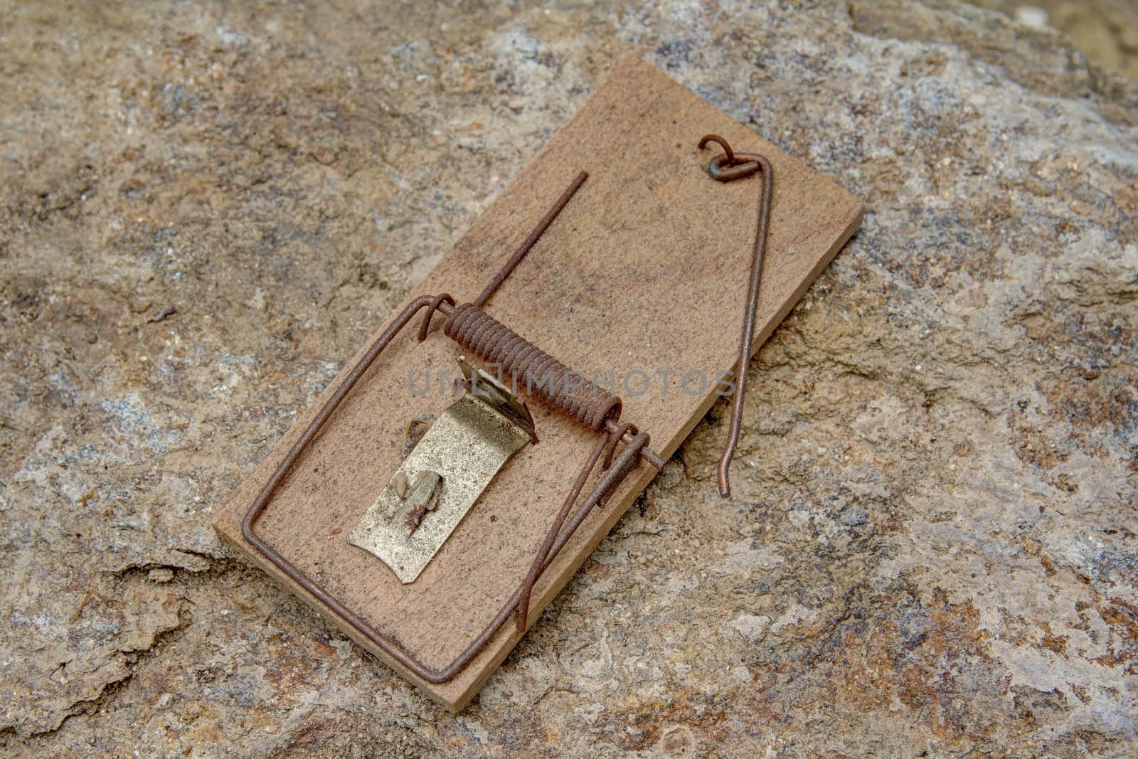 Photo shows closeup details of an old mousetrap.