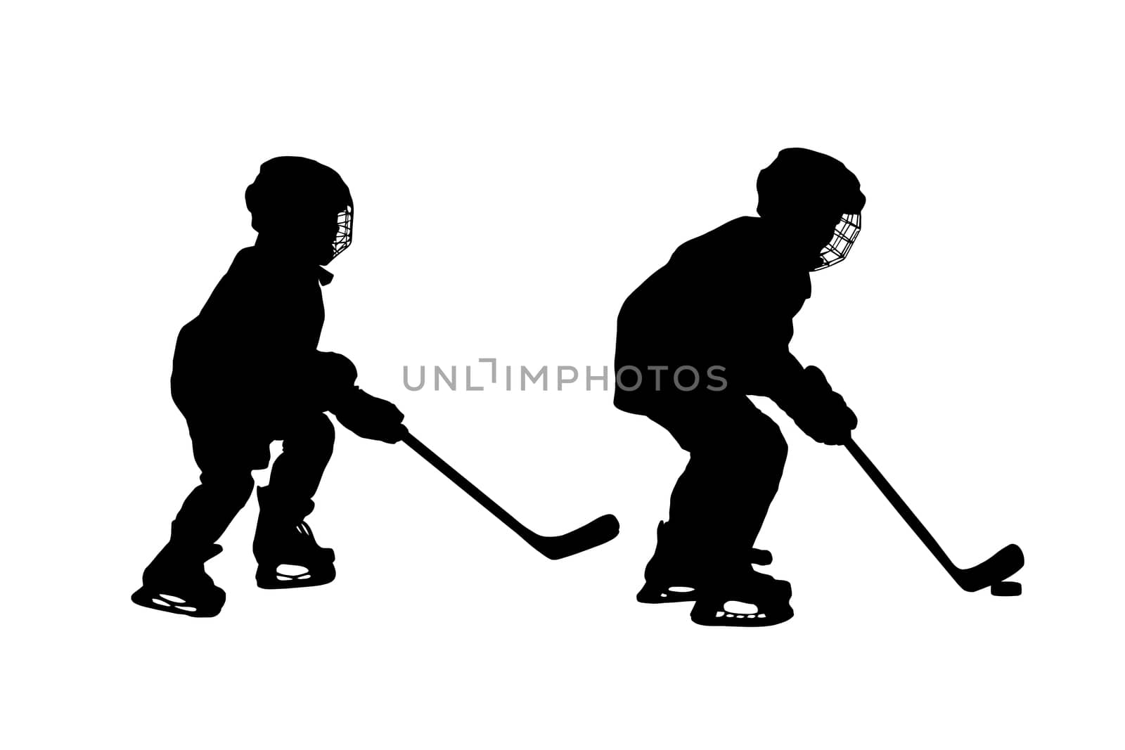 Silhouettes of two hockey players, isolated on white background.