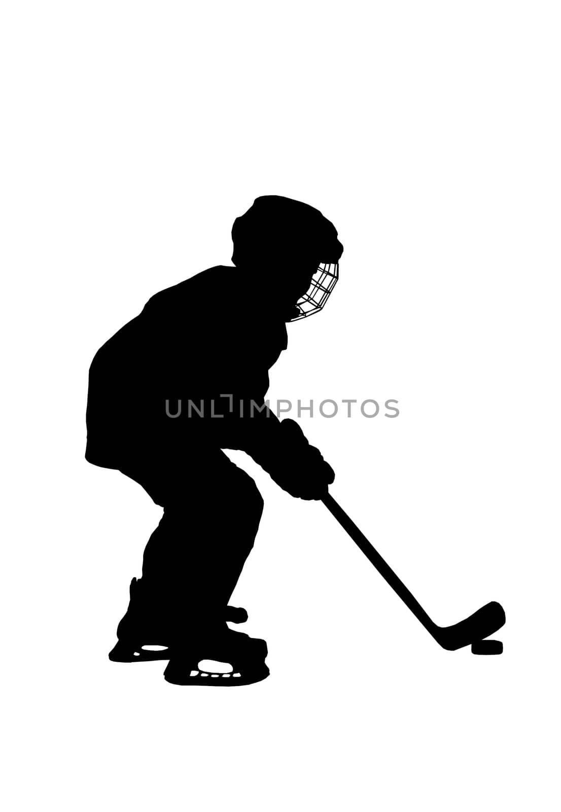 Silhouette of a hockey player, isolated on white background.