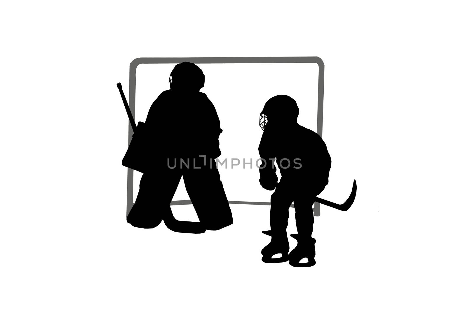 Silhouettes goalie and hockey player on the background of the gate, isolated on white background.